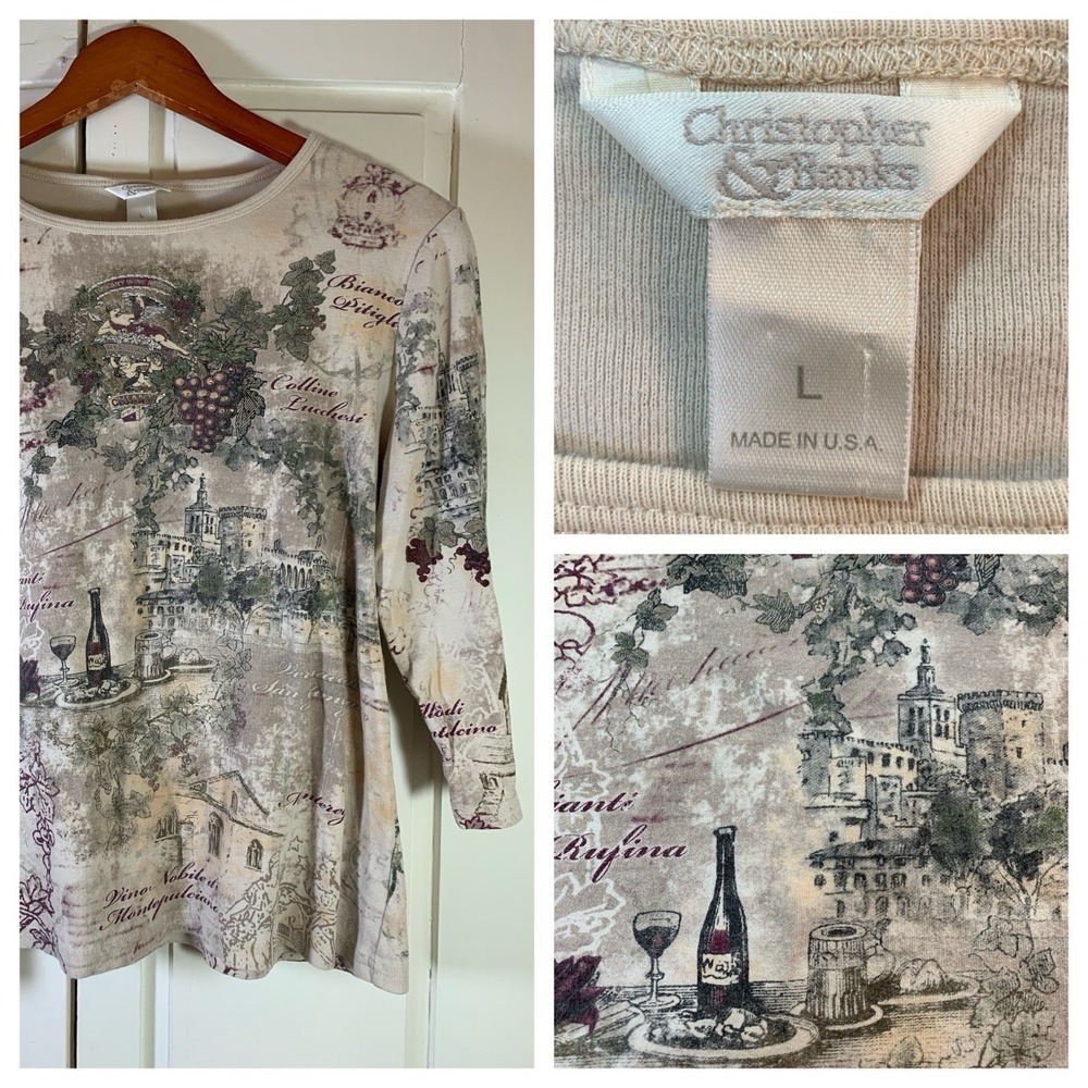 Vtg Y2K Italian Winery Scene Shirt Embellish Top USA Classic Romantic Watercolor